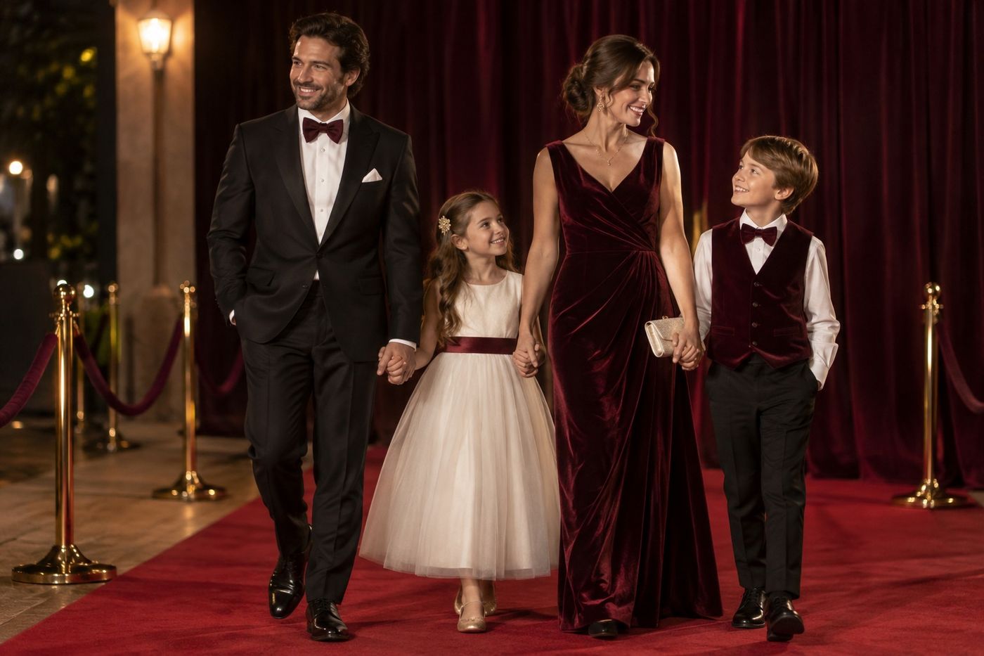 A family in black, burgundy and ivory evening wear walking the red carpet