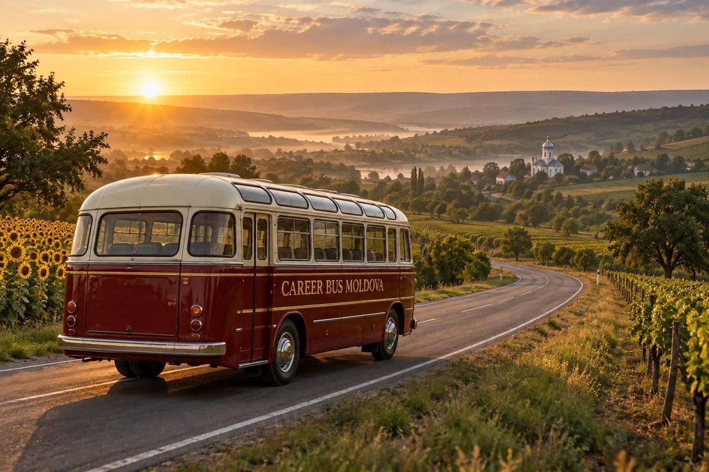 A bus on a country road in Moldova at sunset, between vineyards and sunflowers