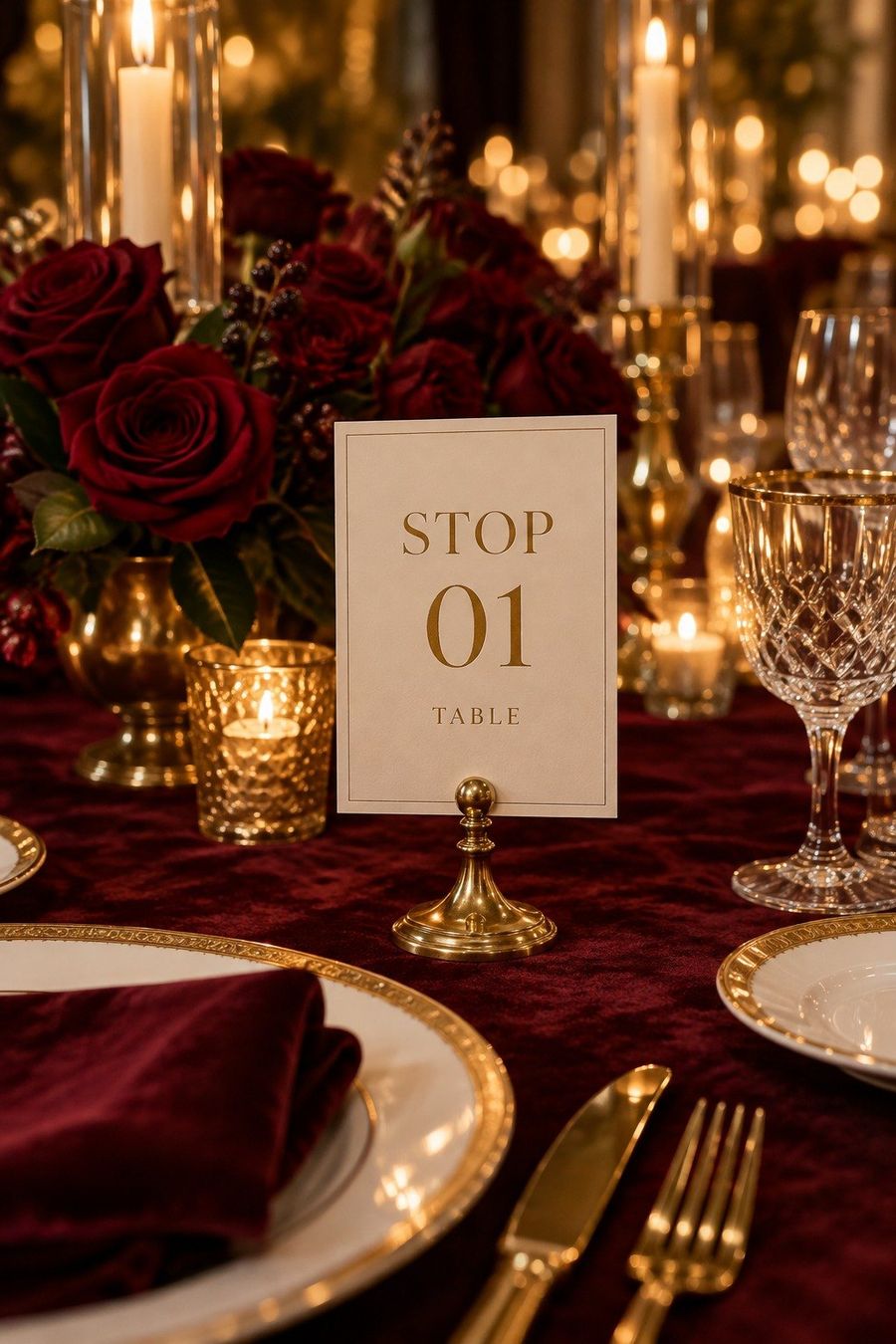 A table set with burgundy roses, candles and a card marked Stop 01